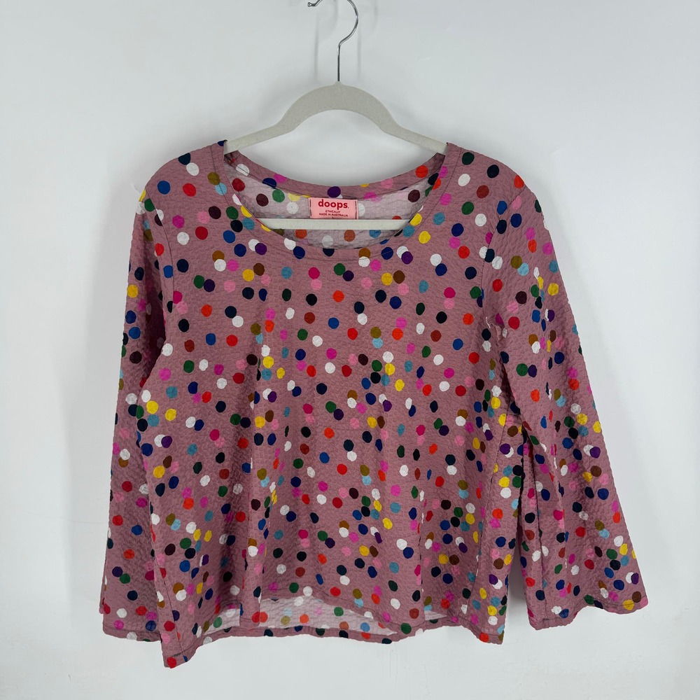 Doops. Australia Pink Polka Dot Multicolor Print Flowy Top Size Large - Picture 7 of 7